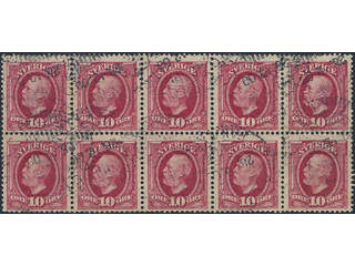 Sweden. Facit 54 used, 1891 Oscar II 10 öre red. Block of ten cancelled STOCKHOLM …