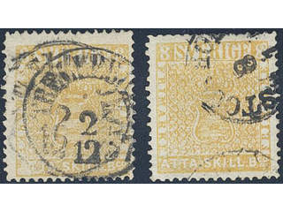 Sweden. Facit 4f used , 8 skill dull yellow-orange, dense background on medium thick …