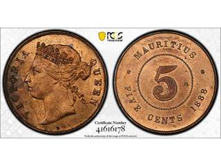 Mauritius Queen Victoria (1837-1901) 5 cents 1888, UNC, PCGS MS64 RB