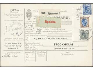 Denmark. Facit 151, 165, 166 cover , 40 øre + 1+2 kr on address card for urgent parcel …