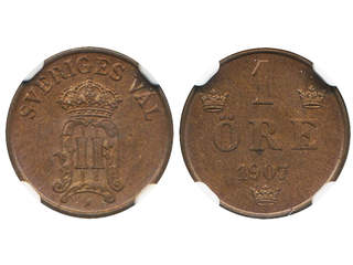 Coins, Sweden. Oskar II, MIS IV.2, 1 öre 1907. Graded by NGC as MS64 BN. 01/0.