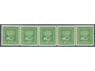 Sweden. Facit 174a ★★, 145 öre emerald green in superb–EXCELLENT strip of five.