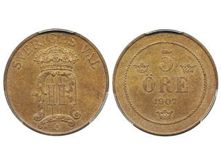 Coins, Sweden. Oskar II, MIS II.2, 5 öre 1907. Graded by PCGS as MS65 BN. 0.
