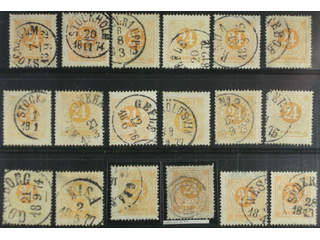 Sweden. Facit 24 used , 24 öre yellow, eighteen used copies. Shades, varieties, …